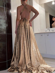 A-Line/Princess Halter Floor-length Prom Dresses