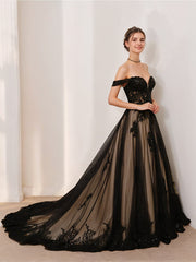 A-Line/Princess Off-the-Shoulder Sleeveless Tulle Wedding Dress with Appliques & Beading