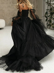A-line/Princess Off-the-Shoulder 3/4 Sleeves Asymmetrical Black Wedding Dresses with Lace-up