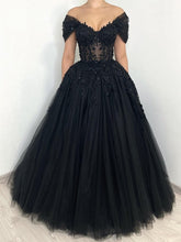 A-line/Princess Off-the-Shoulder Short Sleeves Floor-Length Black Wedding Dresses with Lace Appliques & Lace-Up & Crystals