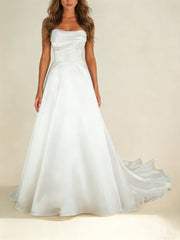 A-Line/Princess Off-the-Shoulder Satin Wedding Dresses Floor-Length Court Train Detachable Sleeves Ruched
