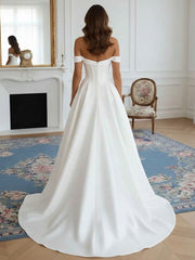 A-Line/Princess Off-the-Shoulder Wedding Dress Satin Floor-Length Sweep Train