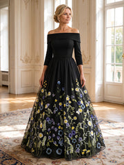 A-Line/Princess Off-the-Shoulder Stretch Satin Mother of the Bride Dresses Floor-Length 3/4 Sleeves Lace Embroidery