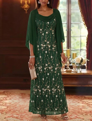 A-Line/Princess Cowl Neck Lace Embroidery Mother of the Bride Dresses Floral Ankle-Length Cape Sleeves
