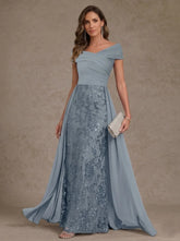 A-Line/Princess Chiffon Off-the-Shoulder Mother of the Bride Dresses with Overskirt Floor-Length Sleeveless Sequins Floral