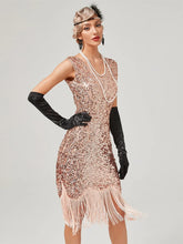 A-Line/Princess Jewel Neck Off-the-Shoulder Sleeveless Knee-Length Vintage Dress with Sequins & Tassel Fringe