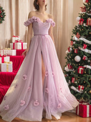 A-Line/Princess Off-the-Shoulder Sleeveless Floor-Length Flower Evening Dresses