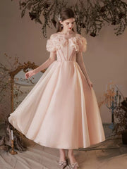 A-line/Princess Off-the-shoulder Beaded Ankle-Length Ruffled Sleeves Cocktail Dresses with Pleats & Lace-up