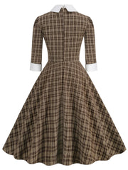 A-Line/Princess 1950s Shirt Collar 3/4 Sleeves Plaid Vintage Dresses