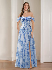 A-Line/Princess Off-the-shoulder Pleated Floor-Length Printed Floral Evening Dresses with Side Slit