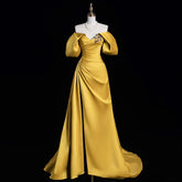 A-line/Princess Off-the-shoulder Ruched Asymmetrical Evening Dresses with Ruffles & Lace-up & Slit & Appliques