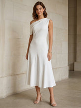 A-Line/Princess One-Shoulder Stretch Satin Cocktail Dresses Sleeveless Tea-Length Graduation Dress Ruffles Little White Dresses