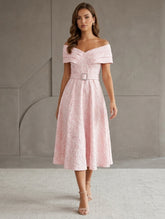 A-Line/Princess Off-the-Shoulder Jacquard Wedding Guest Dresses Tea-Length Sleeveless Floral Belt