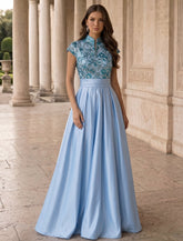 A-Line/Princess High Neck Sequins Lace Evening Dresses Satin Short Sleeves Floral Floor-Length Party Dresses