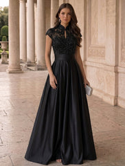 A-Line/Princess High Neck Sequins Lace Evening Dresses Satin Short Sleeves Floral Floor-Length Party Dresses