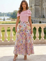 A-Line/Princess One-Shoulder Cocktail Dresses Sleeveless Floral Ankle-Length Formal Dresses Bowknot