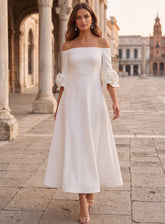 A-Line/Princess Off-the-Shoulder Stretch Satin Cocktail Dresses with 3D Flower Ankle-Length Floral 3/4 Sleeves Formal Dresses