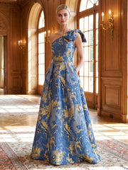 A-Line/Princess One-Shoulder Floral Formal Dresses Floor-Length Sleeveless Evening Dresses with Bowknot
