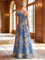 A-Line/Princess One-Shoulder Floral Formal Dresses Floor-Length Sleeveless Evening Dresses with Bowknot