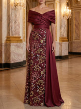 A-Line/Princess Off-the-Shoulder Satin Evening Dresses Floral Floor-Length Sleeveless Formal Dresses