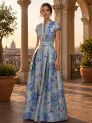 A-Line/Princess Mock Neck Jacquard Formal Dresses Floor-Length Short Sleeves Evening Dresses Floral with Belt