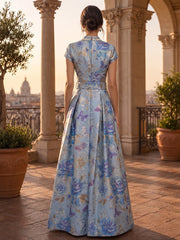 A-Line/Princess Mock Neck Jacquard Formal Dresses Floor-Length Short Sleeves Evening Dresses Floral with Belt