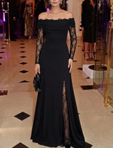 A-Line/Princess Off-the-Shoulder Stretch Satin Evening Dresses with Split Side Lace Floral Floor-Length Long Sleeves Formal Dresses