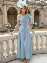 A-Line/Princess Off-the-Shoulder Pleated Tea-Length Mother of the Bride Dresses with 3D Flower