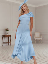 A-Line/Princess Off-the-Shoulder Pleated Tea-Length Mother of the Bride Dresses with 3D Flower