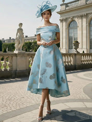 A-Line/Princess Off-the-Shoulder Mother of the Bride Dresses Printed Satin Tea-Length Sleeveless
