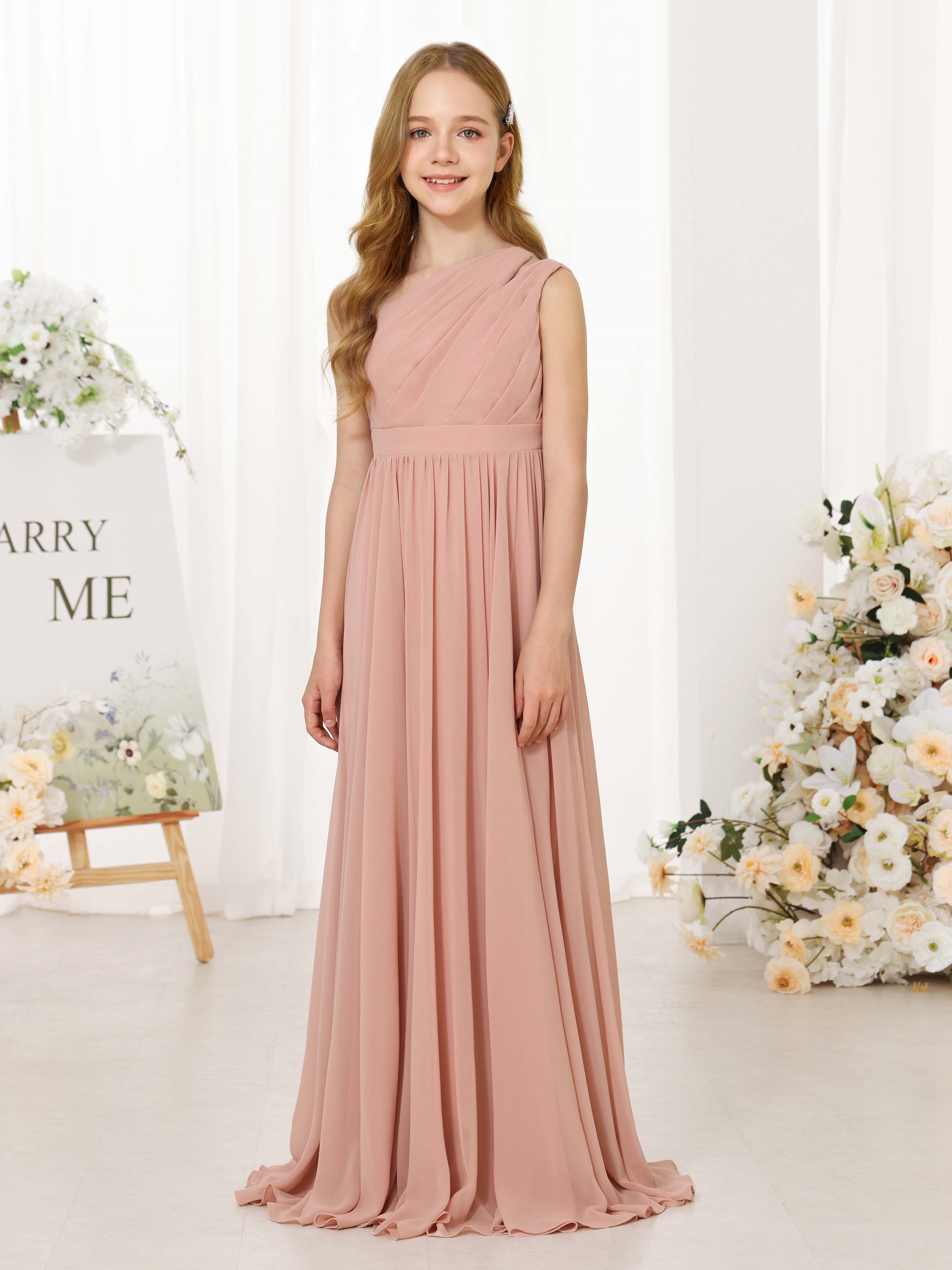 A-Line/Princess Chiffon Sleeveless One-Shoulder Floor-Length Flower Girl Dresses