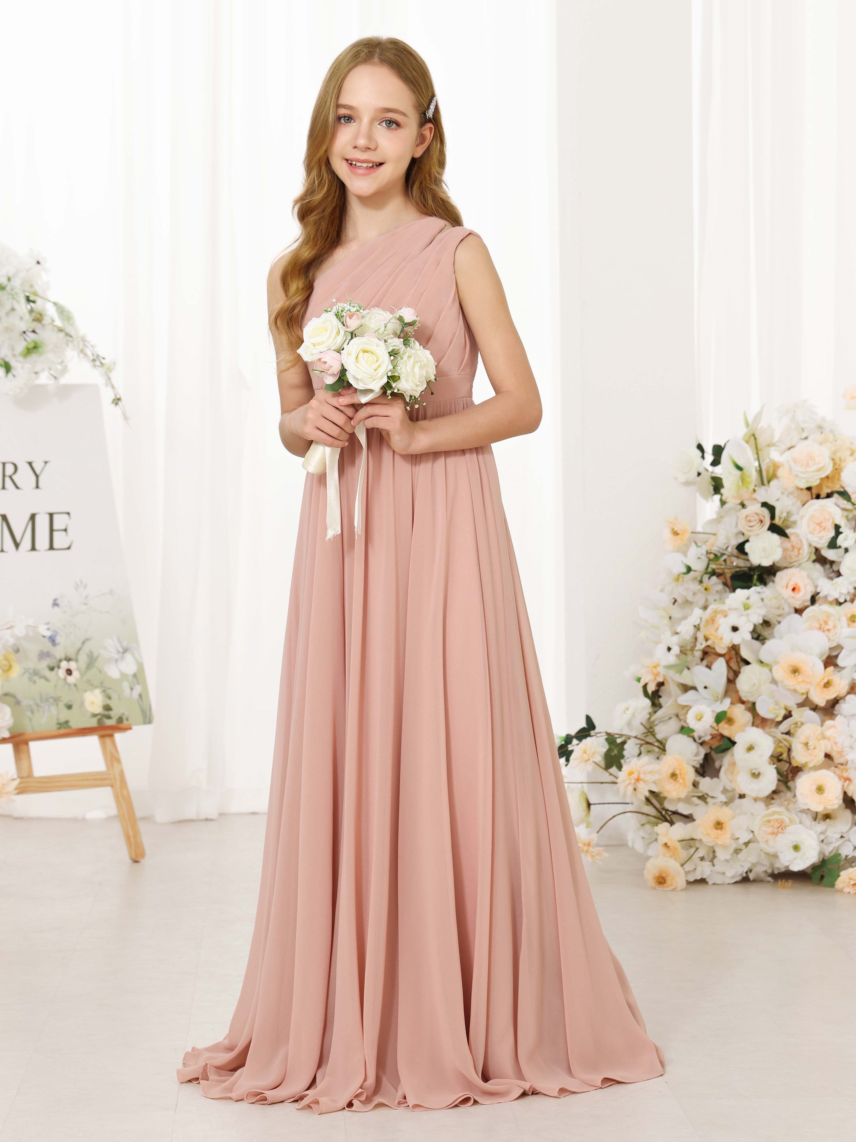 A-Line/Princess Chiffon Sleeveless One-Shoulder Floor-Length Flower Girl Dresses