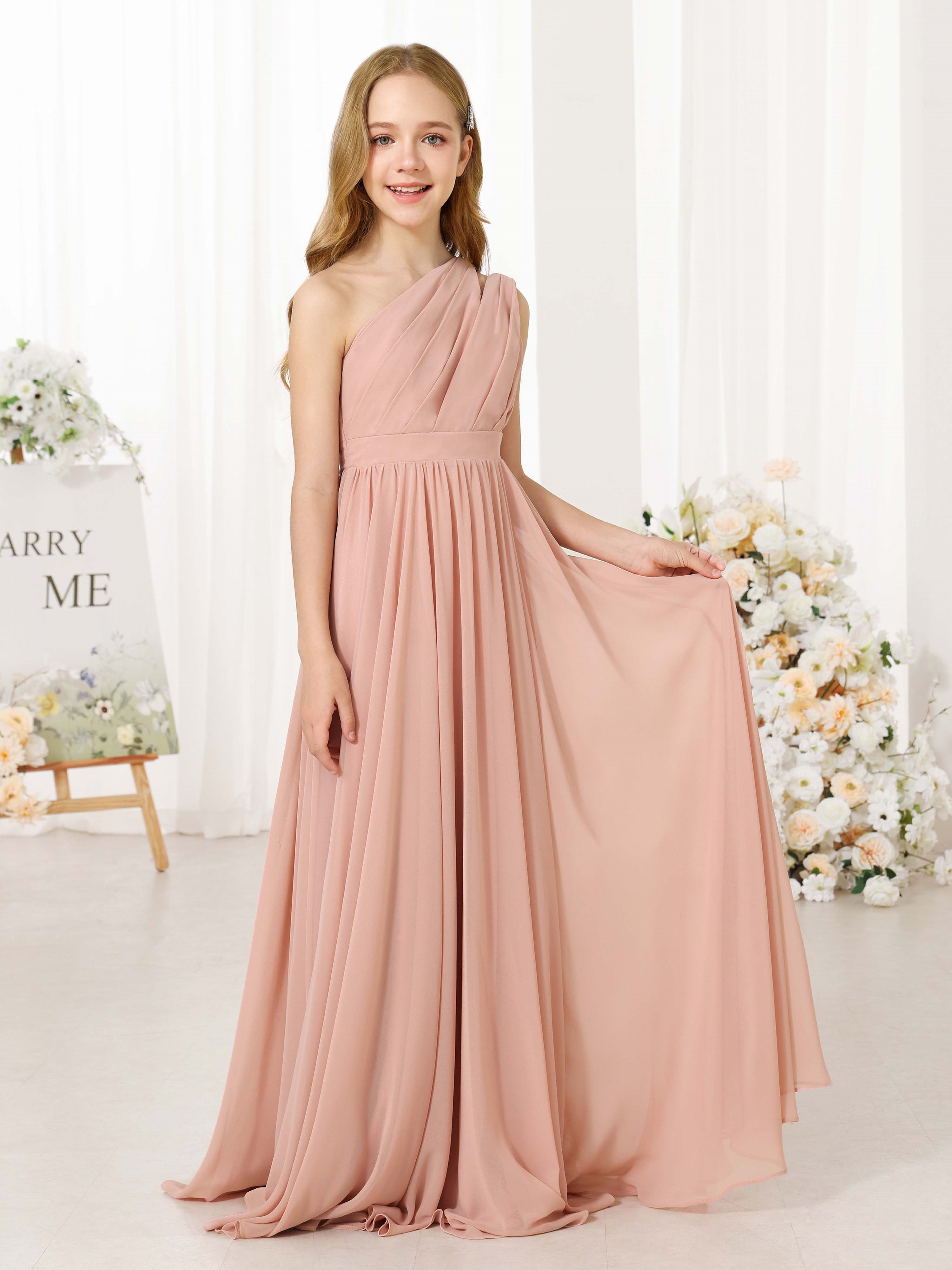 A-Line/Princess Chiffon Sleeveless One-Shoulder Floor-Length Flower Girl Dresses