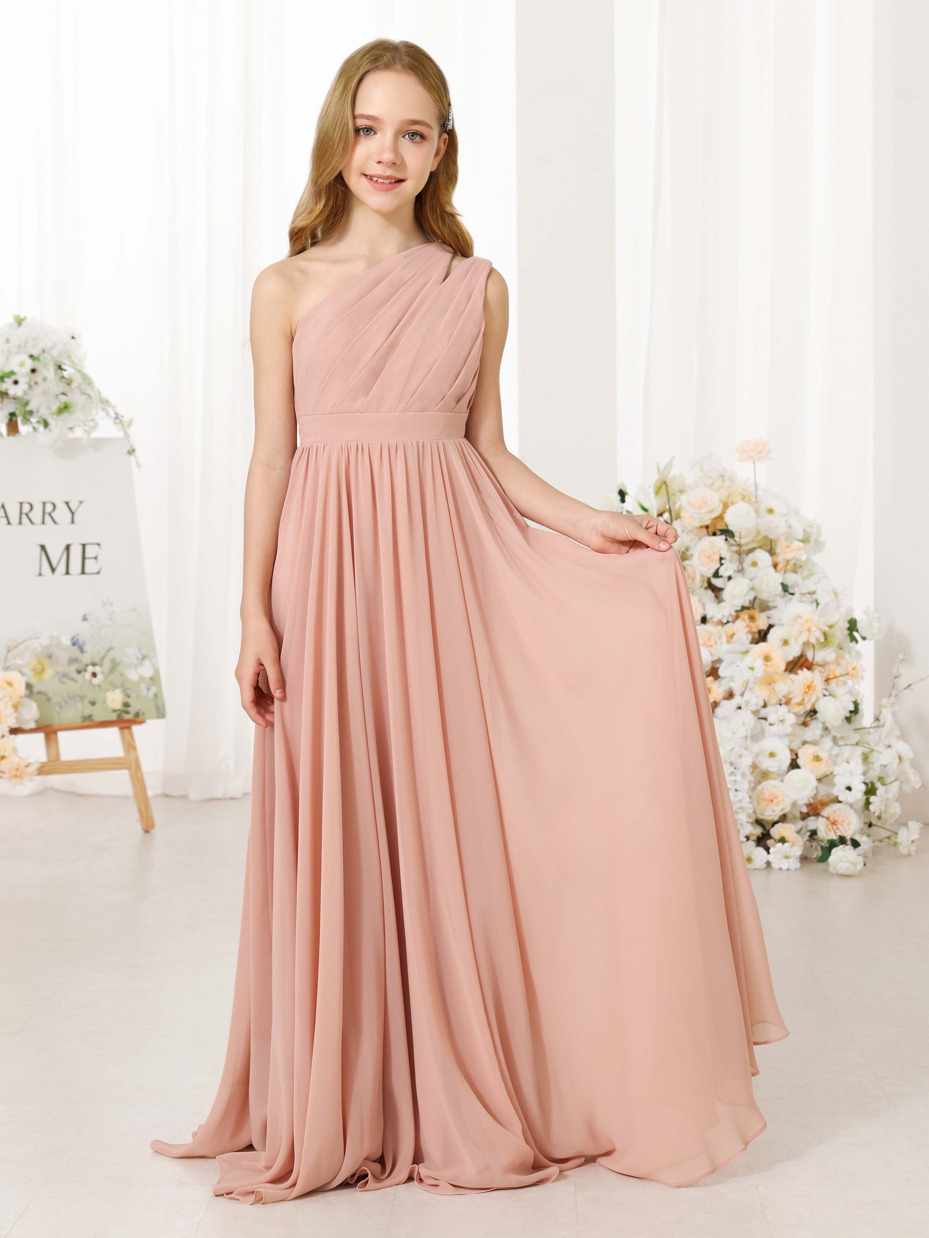 A-Line/Princess Chiffon Sleeveless One-Shoulder Floor-Length Flower Girl Dresses