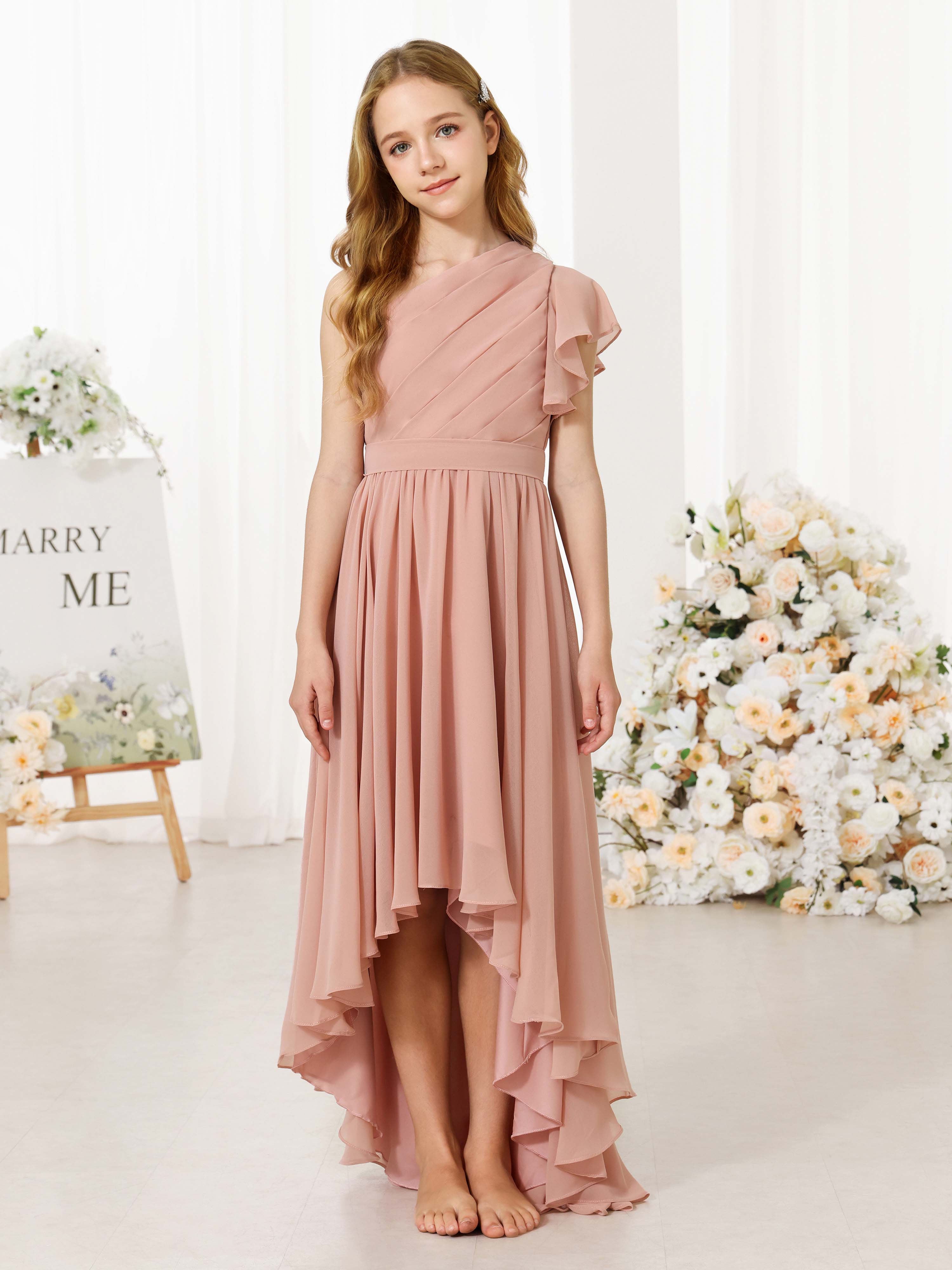 A-Line/Princess Chiffon Short Sleeves One-shoulder Asymmetrical Flower Girl Dresses
