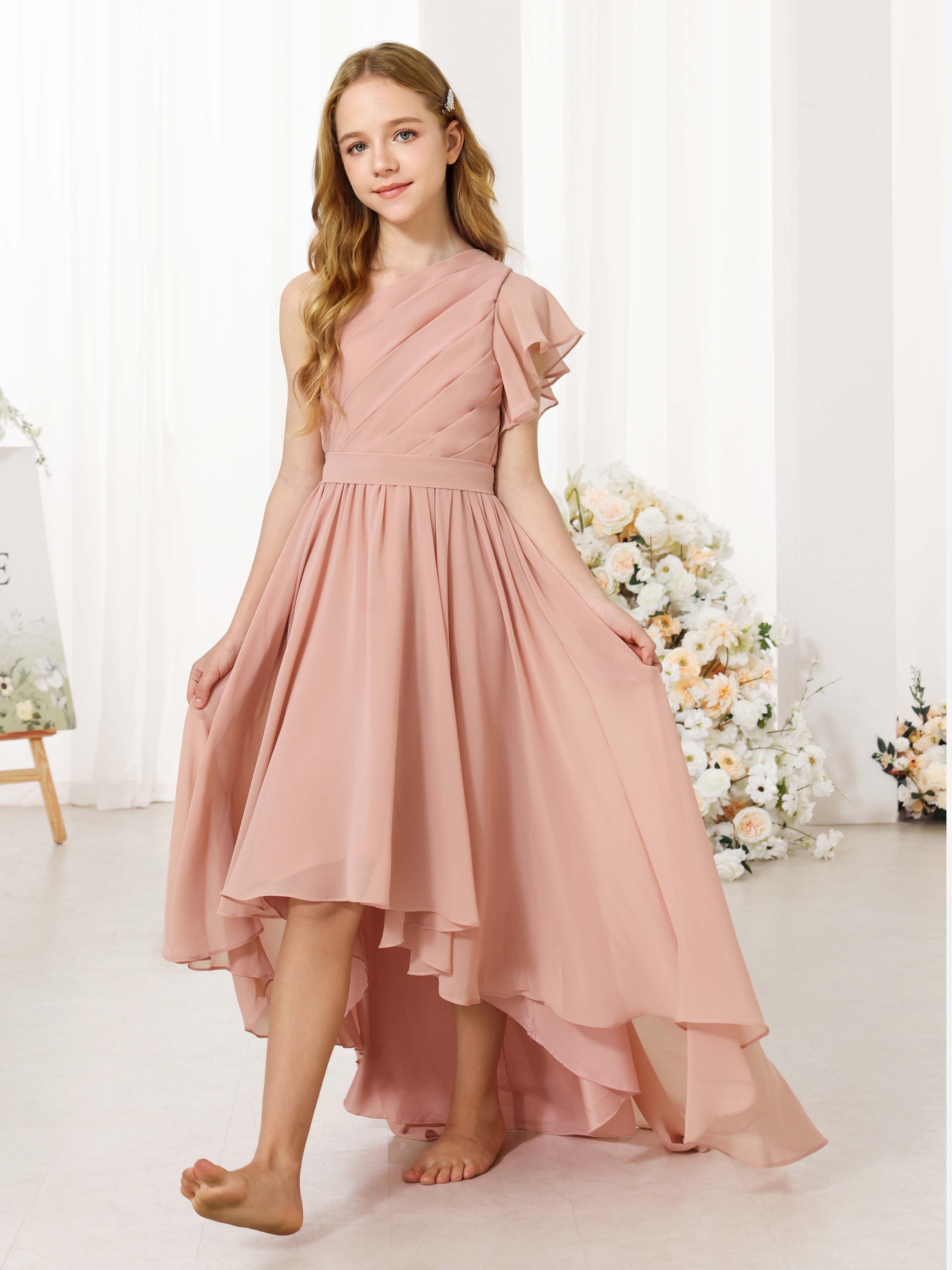 A-Line/Princess Chiffon Short Sleeves One-shoulder Asymmetrical Flower Girl Dresses
