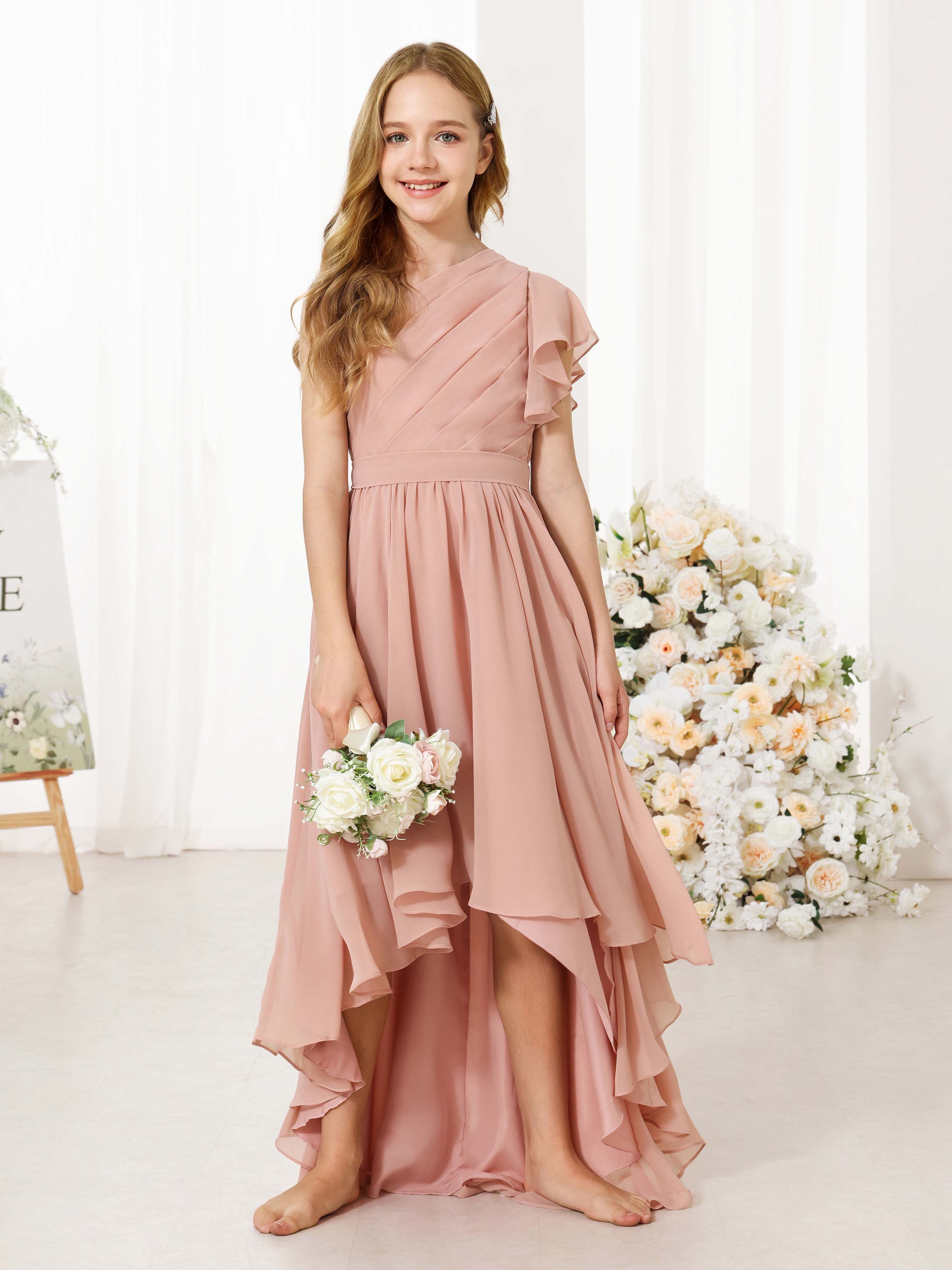 A-Line/Princess Chiffon Short Sleeves One-shoulder Asymmetrical Flower Girl Dresses