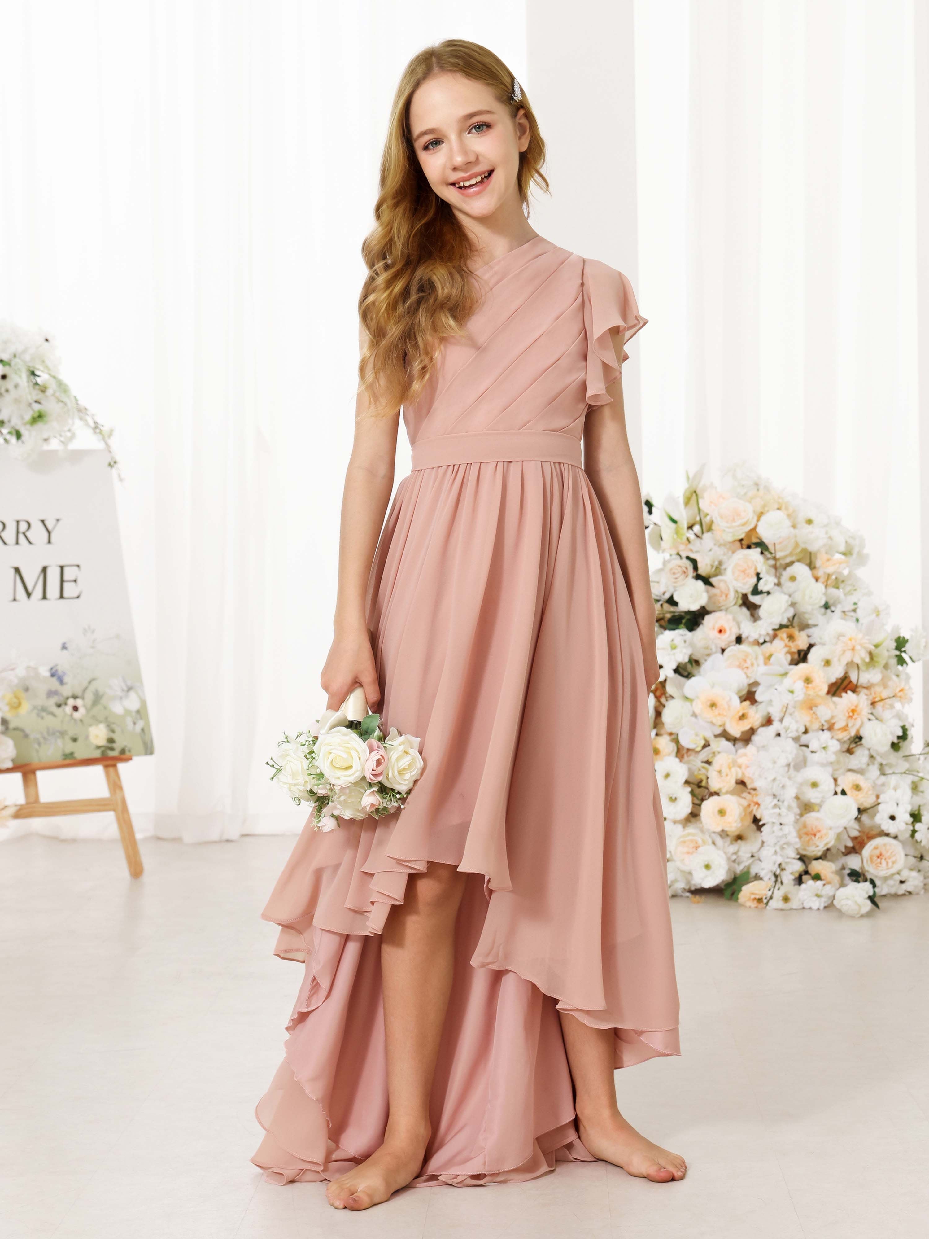 A-Line/Princess Chiffon Short Sleeves One-shoulder Asymmetrical Flower Girl Dresses