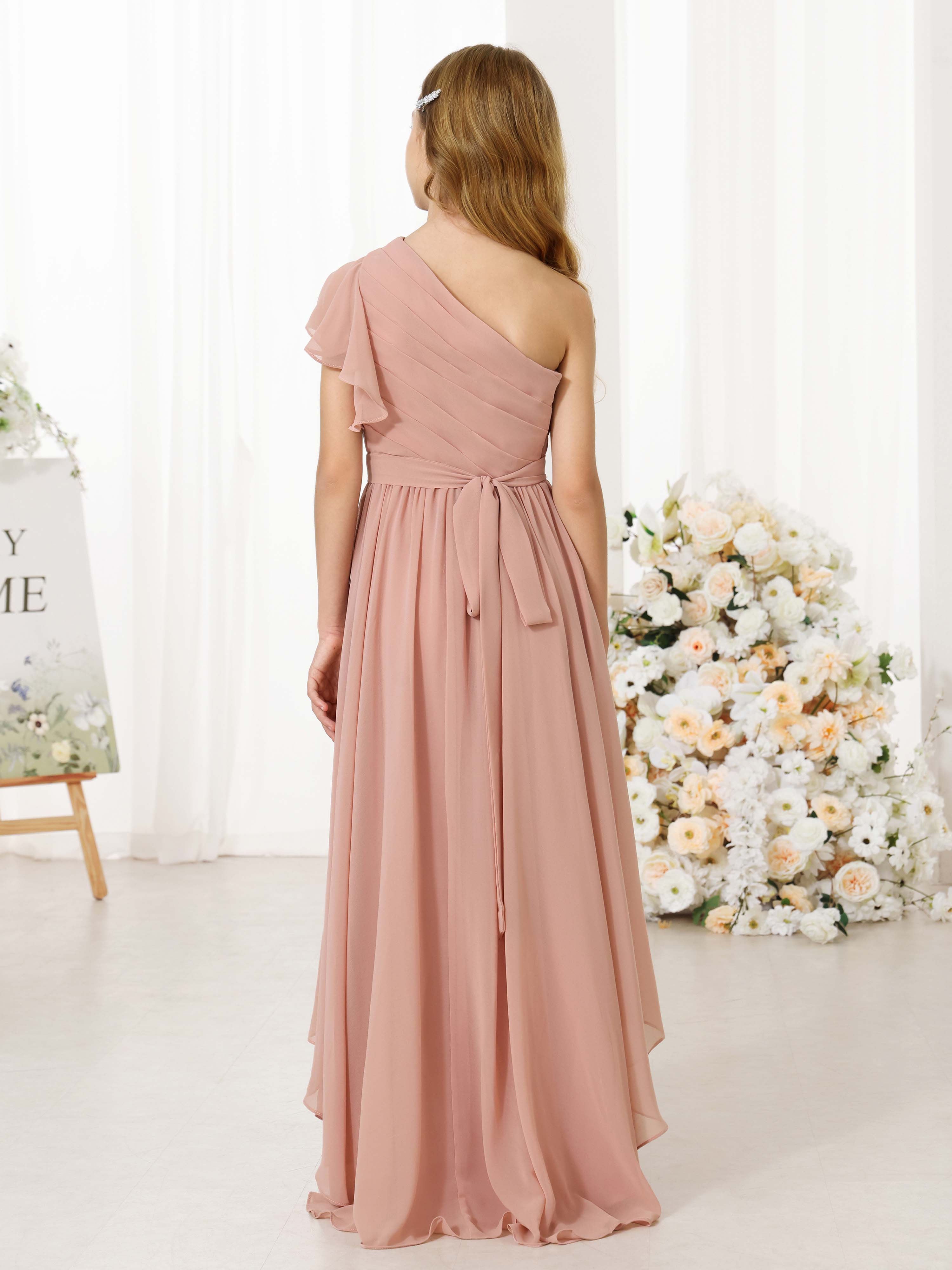 A-Line/Princess Chiffon Short Sleeves One-shoulder Asymmetrical Flower Girl Dresses