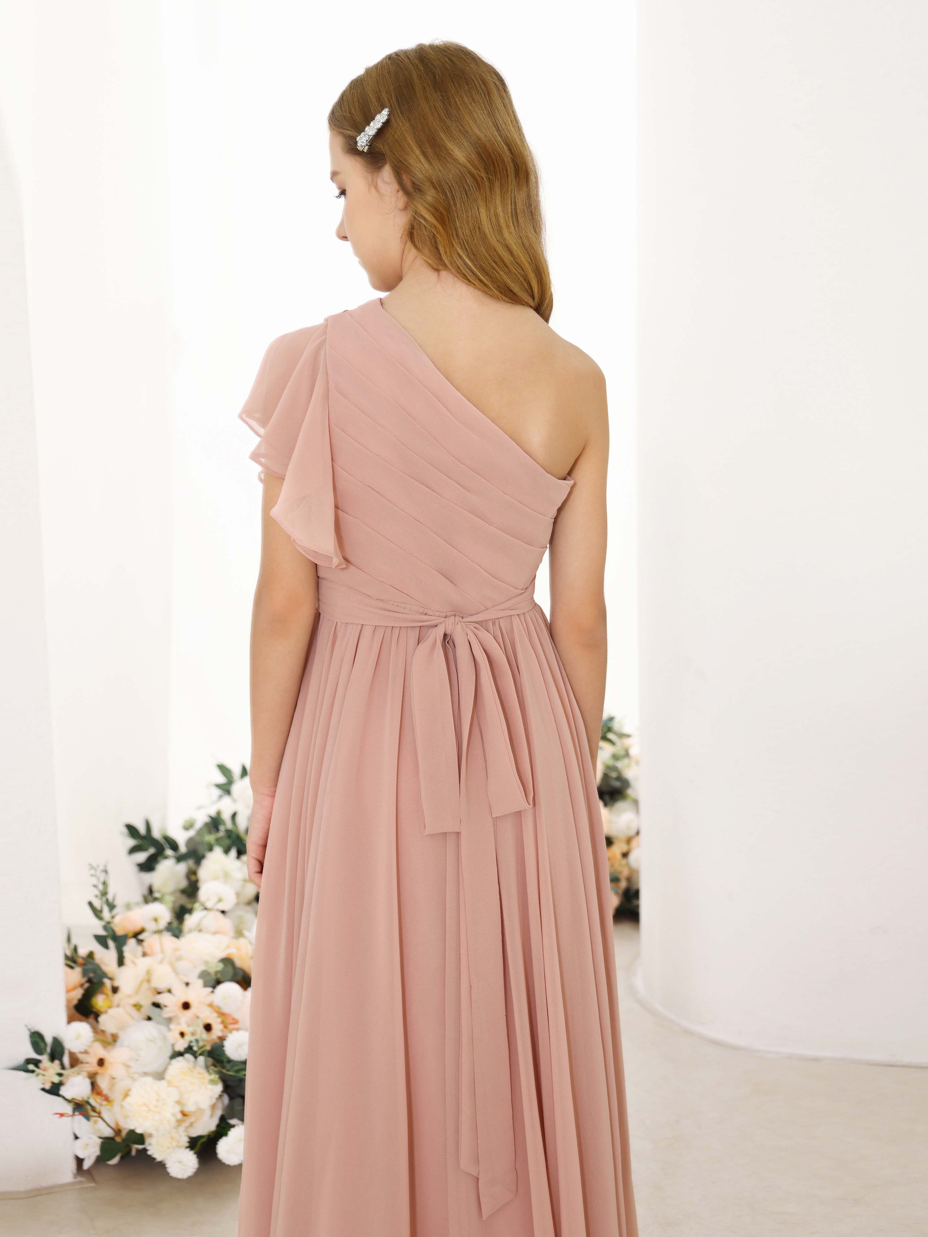 A-Line/Princess Chiffon Short Sleeves One-shoulder Asymmetrical Flower Girl Dresses