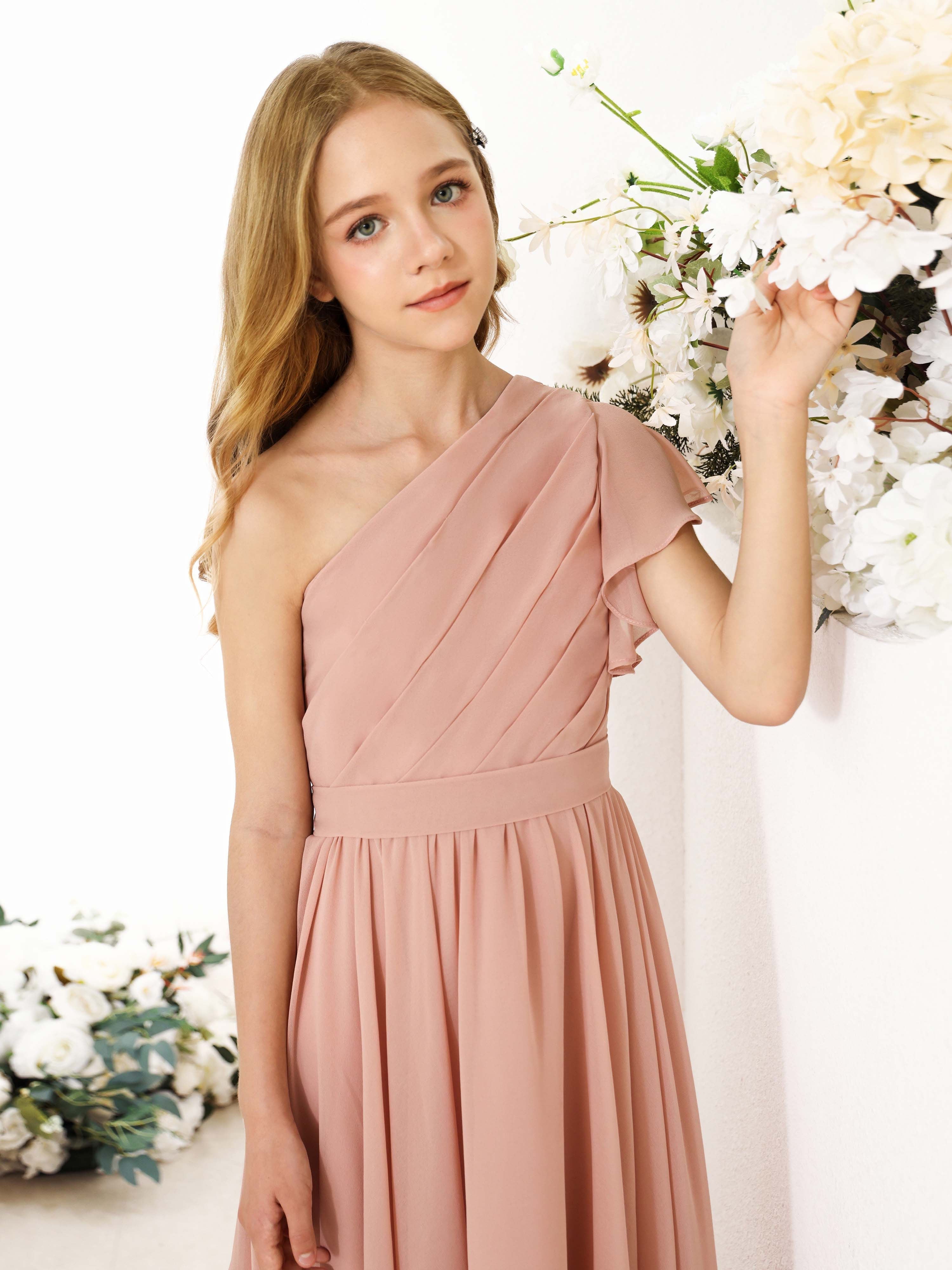 A-Line/Princess Chiffon Short Sleeves One-shoulder Asymmetrical Flower Girl Dresses