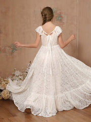 A-Line/Princess Lace Short Sleeves Square Neck Floor-Length Flower Girl Dresses