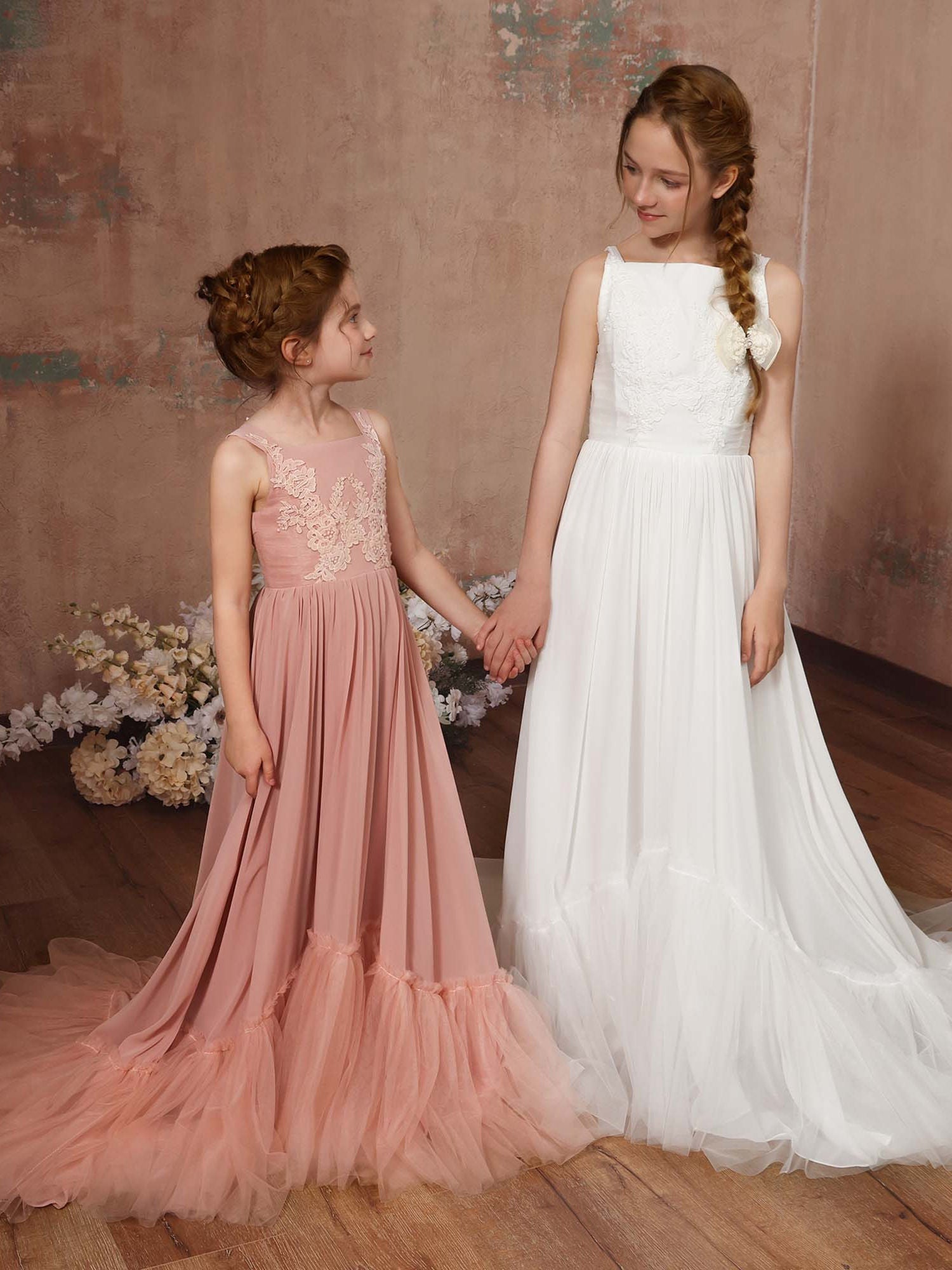 A-Line/Princess Chiffon Sleeveless Square Neck Floor-Length Flower Girl Dresses