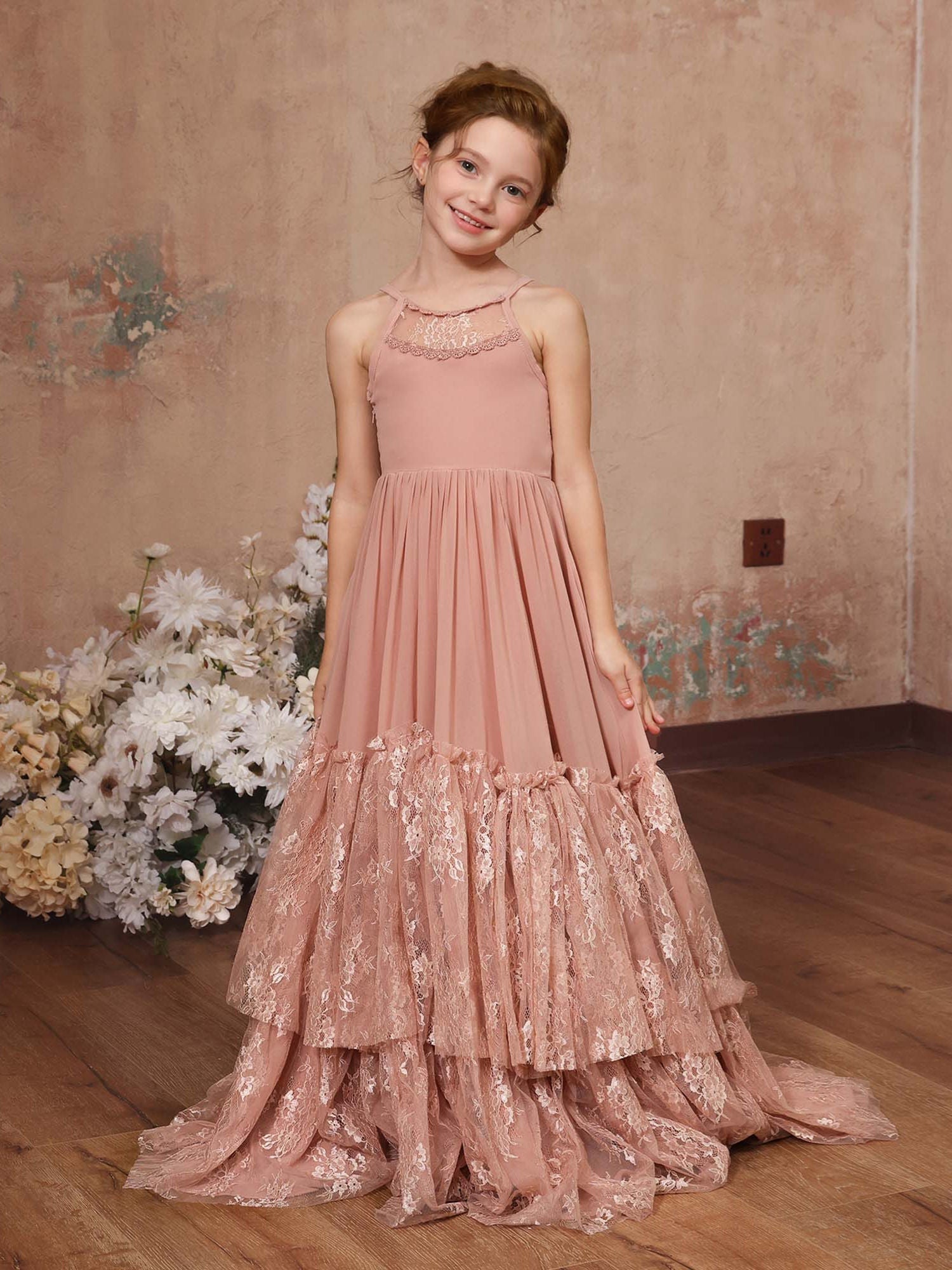 A-Line/Princess Lace Chiffon Sleeveless Scoop Neck Floor-Length Flower Girl Dresses