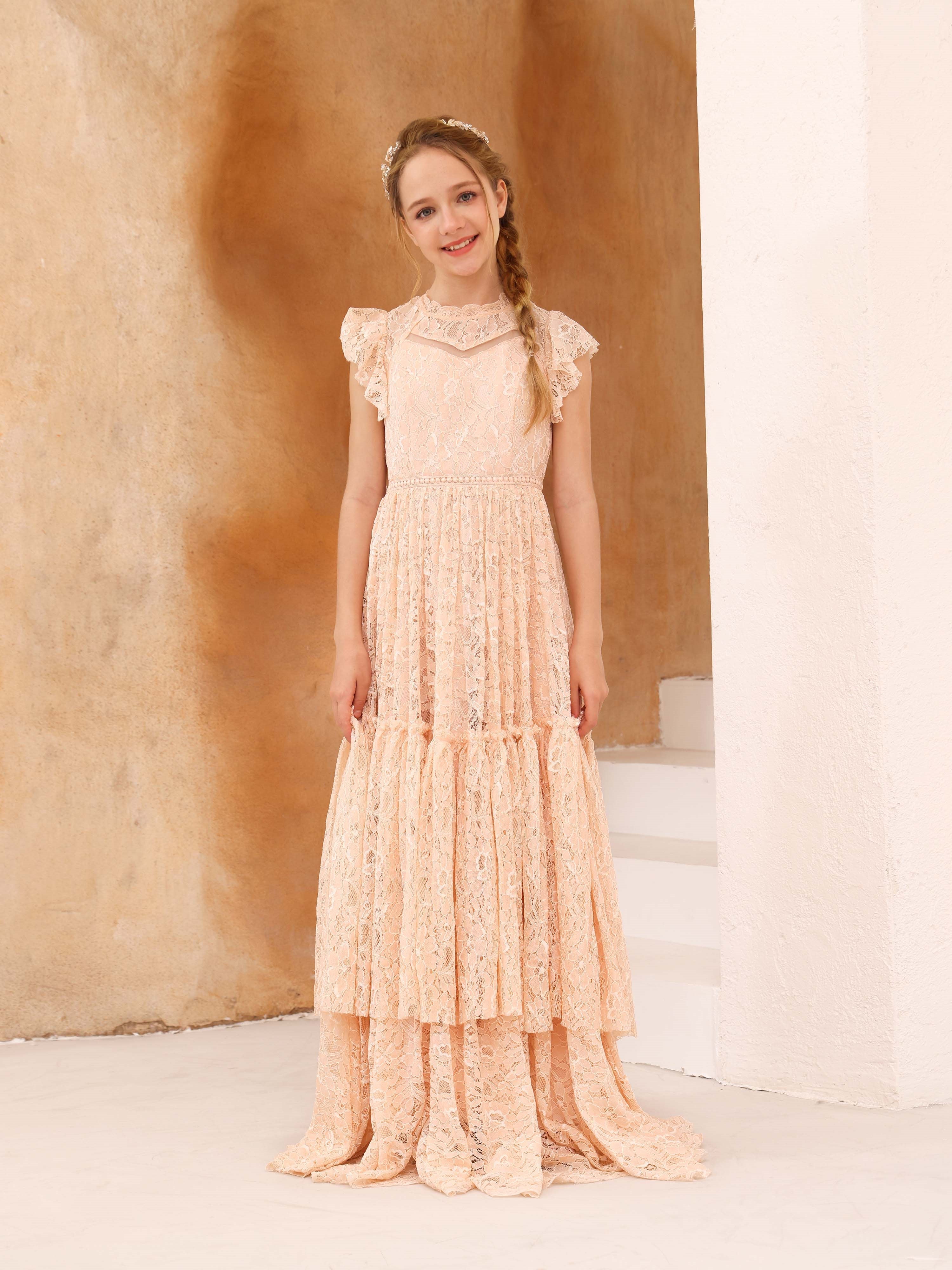A-Line/Princess Lace Short Sleeves Scoop Neck Floor-Length Flower Girl Dresses