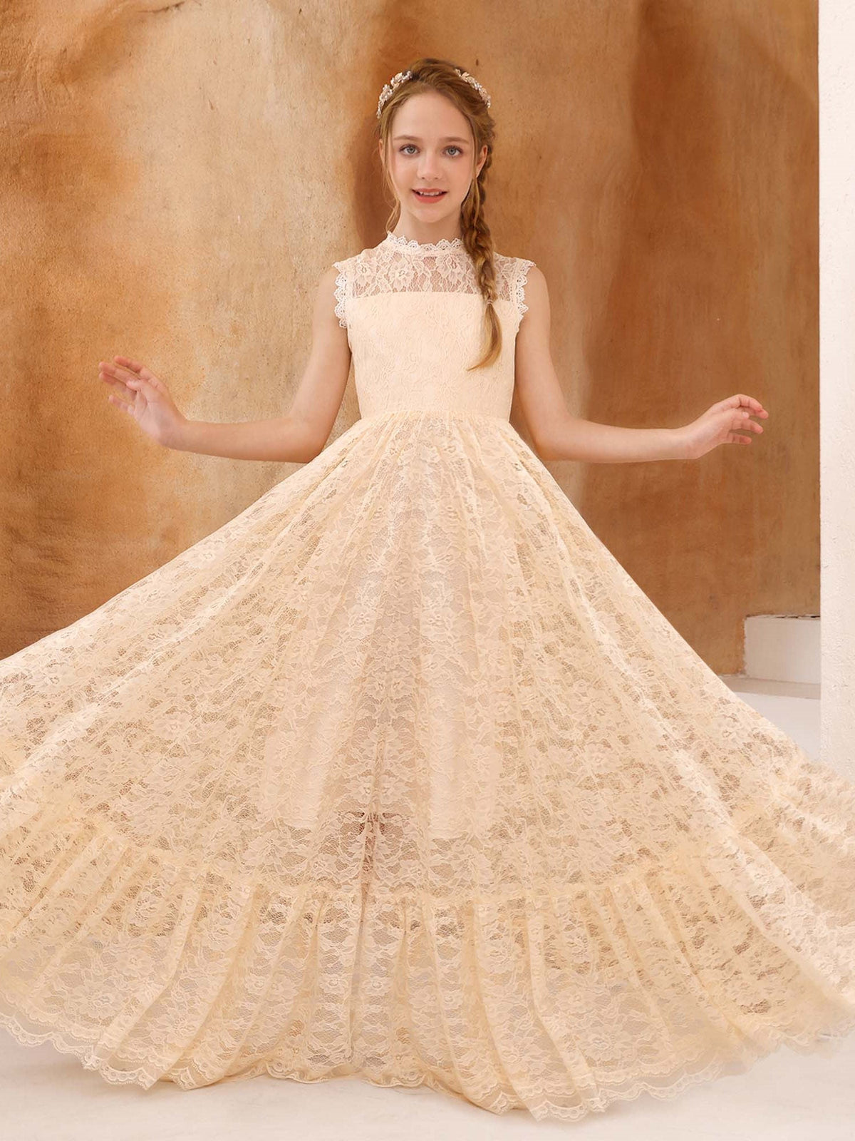 A-Line/Princess Lace Sleeveless Scoop Neck Floor-Length Flower Girl Dresses