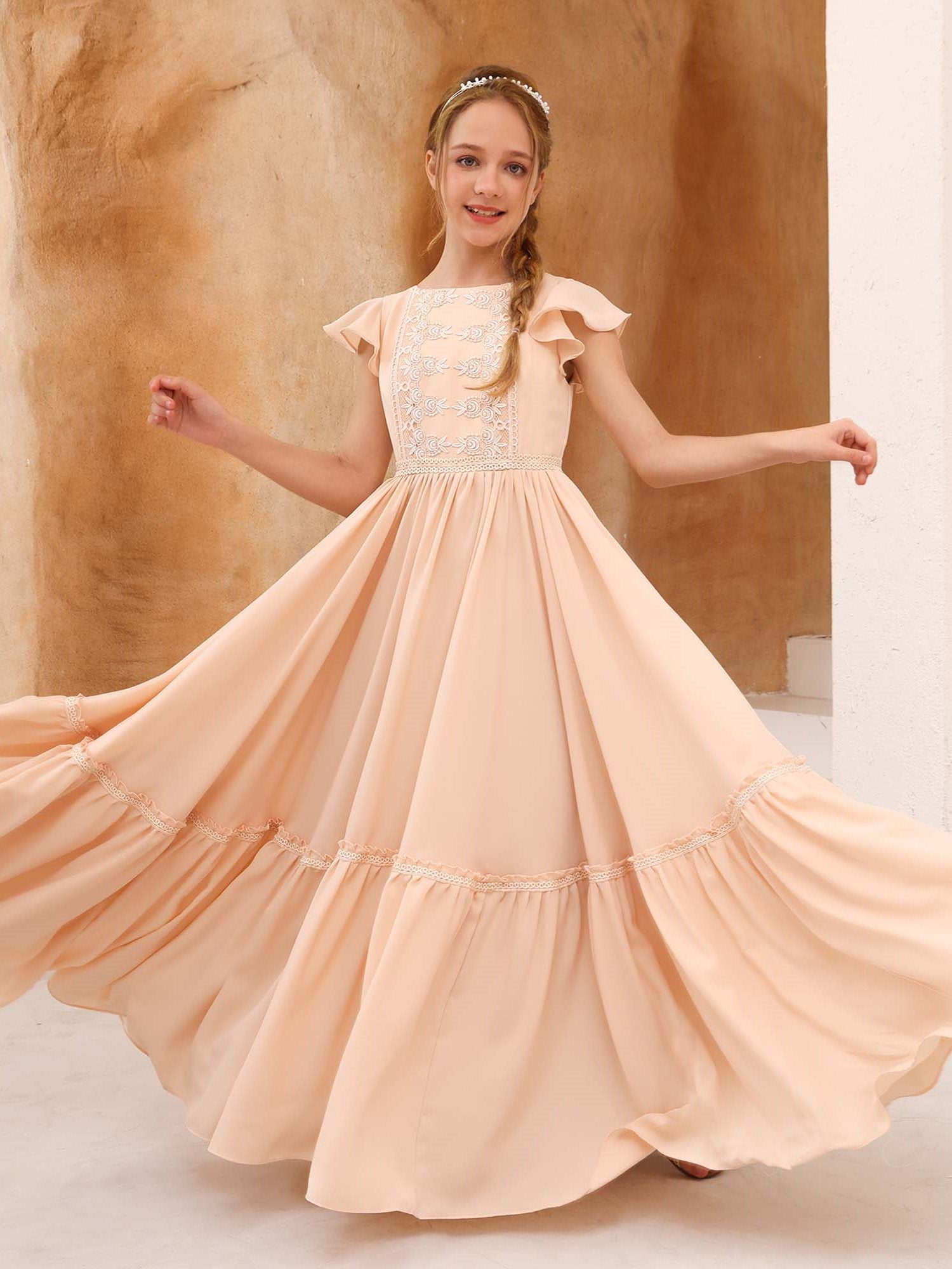A-Line/Princess Chiffon Short Sleeves Scoop Neck Floor-Length Flower Girl Dresses