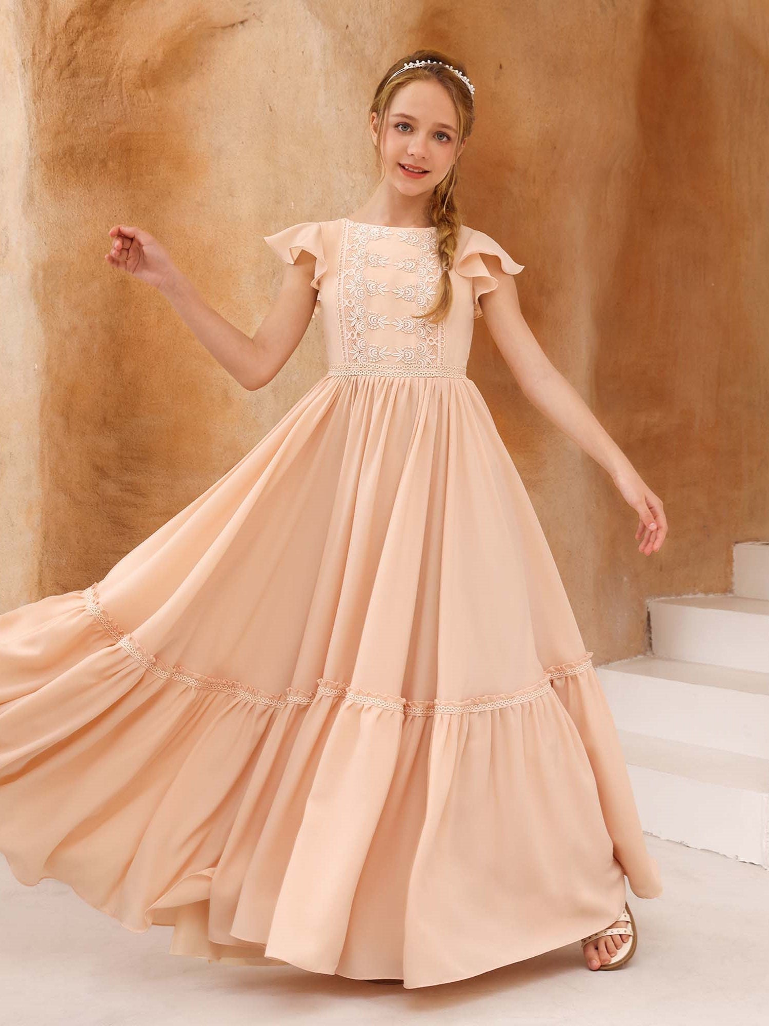 A-Line/Princess Chiffon Short Sleeves Scoop Neck Floor-Length Flower Girl Dresses