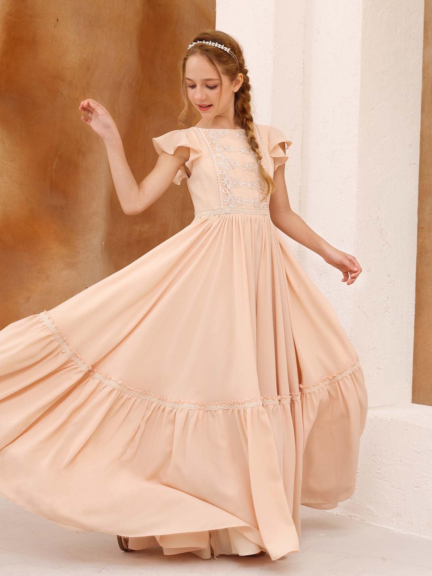 A-Line/Princess Chiffon Short Sleeves Scoop Neck Floor-Length Flower Girl Dresses