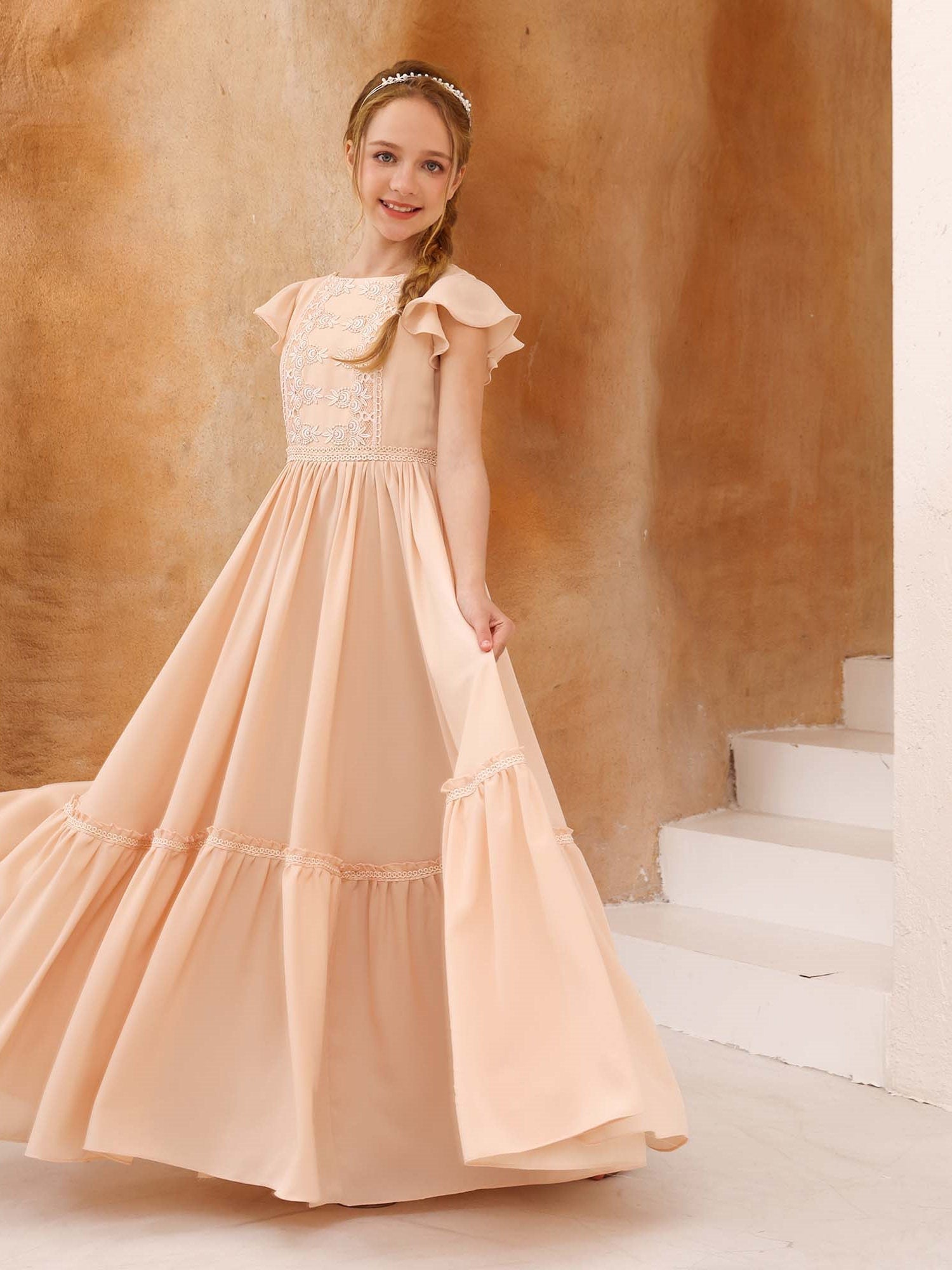 A-Line/Princess Chiffon Short Sleeves Scoop Neck Floor-Length Flower Girl Dresses